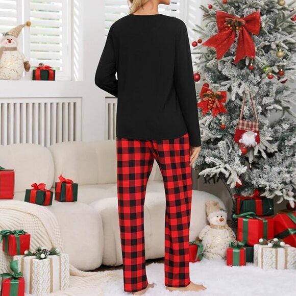 Long Sleeve Two Piece Pajamas Set - Black Shirt and Plaid Pants with Pockets - Picture 2 of 11